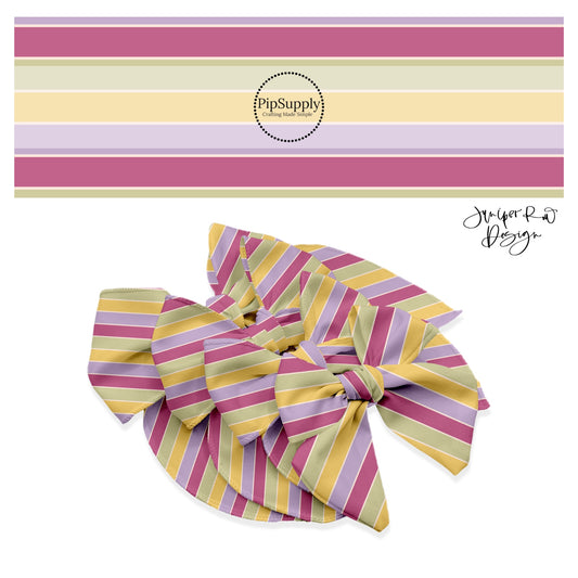 Mauve, purple, green, and yellow muted stripe bow strips