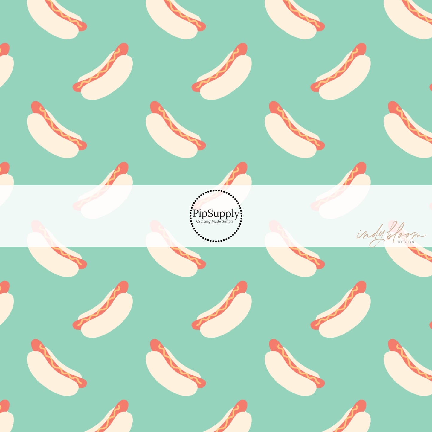 Mint green fabric by the yard with scattered hot dogs