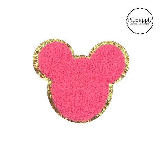 Hot pink mouse head chenille iron on patch with a gold backing