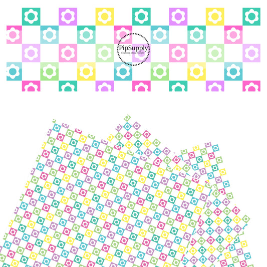 White flower cutouts on purple, pink, yellow, green, and turquoise plaid faux leather sheets