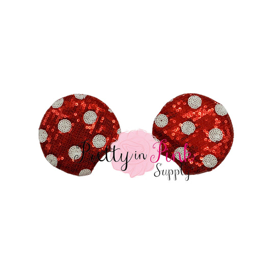 3.25" SEQUIN Red/ White Polka Dot Mouse Ears - Pretty in Pink Supply
