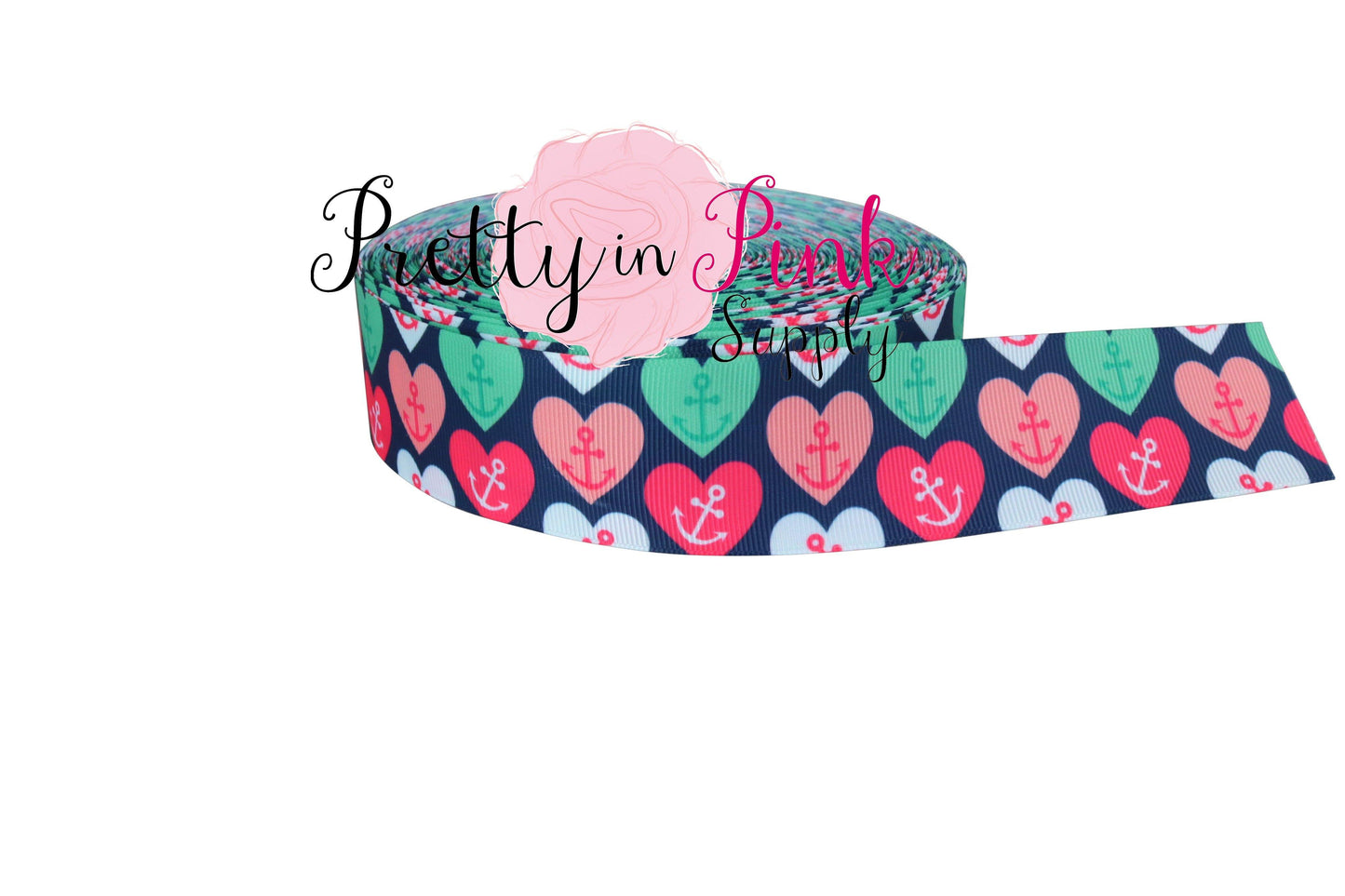1.5" Anchored Hearts Grosgrain RIBBON - Pretty in Pink Supply