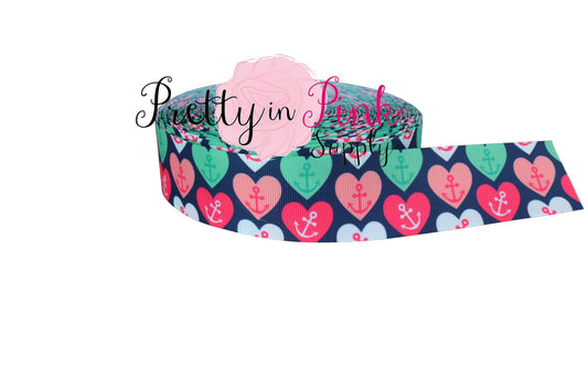 1.5" Anchored Hearts Grosgrain RIBBON - Pretty in Pink Supply