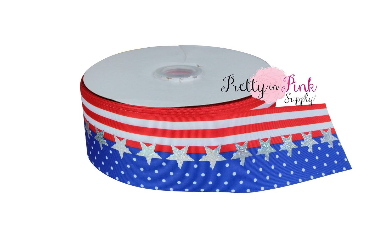3" Patriotic Stripes/Dots with Silver Holographic Stars Grosgrain RIBBON - Pretty in Pink Supply