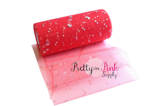 6" Red SILVER Star Moon Tulle - Pretty in Pink Supply