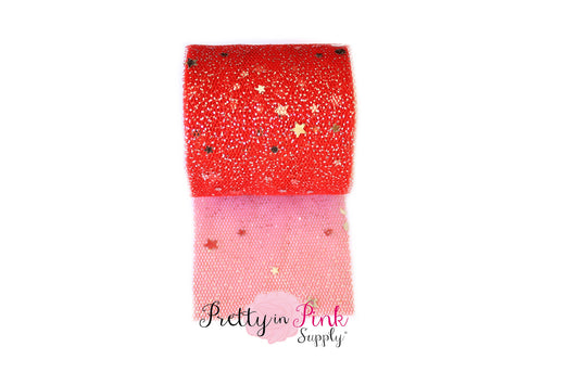 Red Silver Star Glitter Tulle - Pretty in Pink Supply