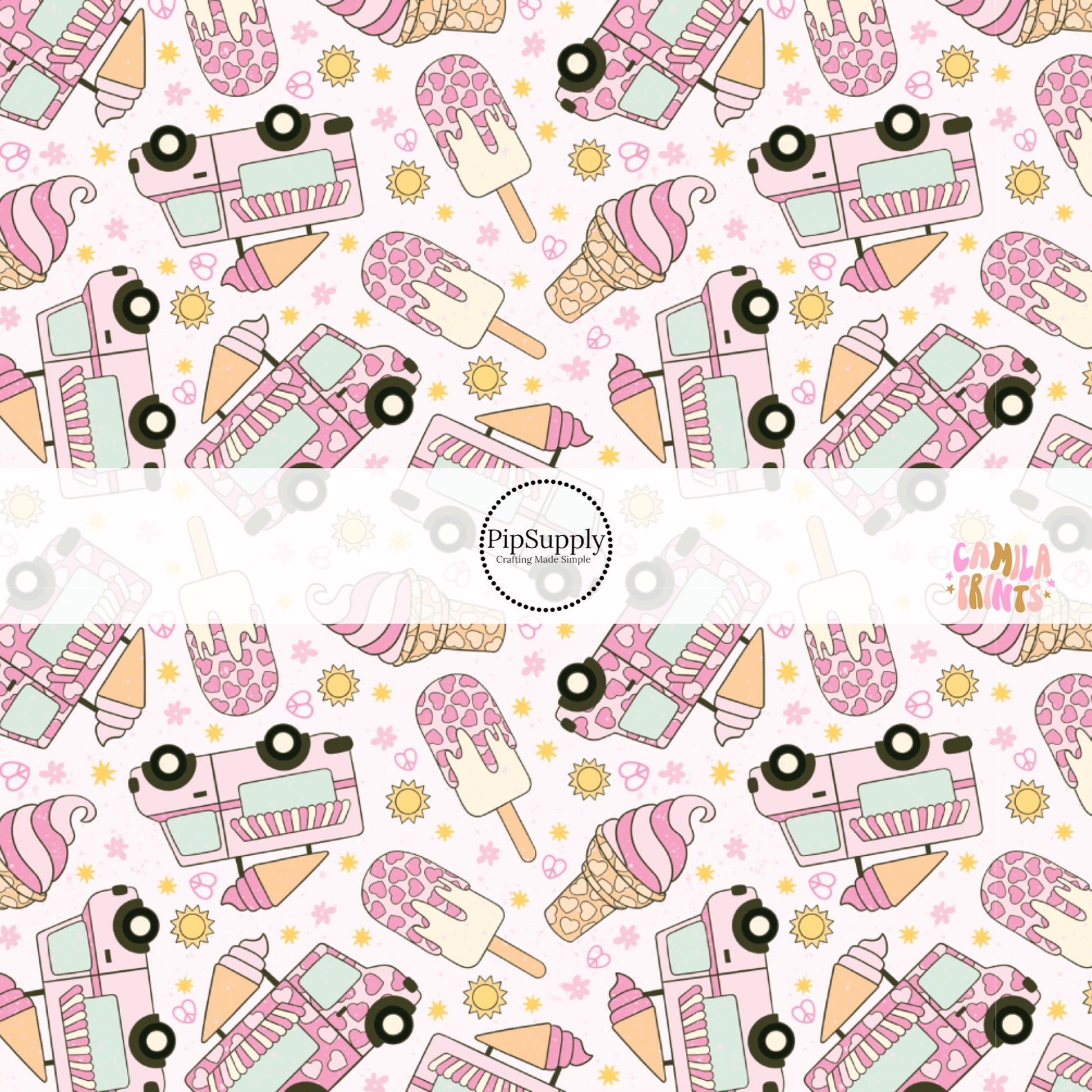 Pink ice cream trucks, ice cream cones, and popsicles on light pink fabric by the yard.