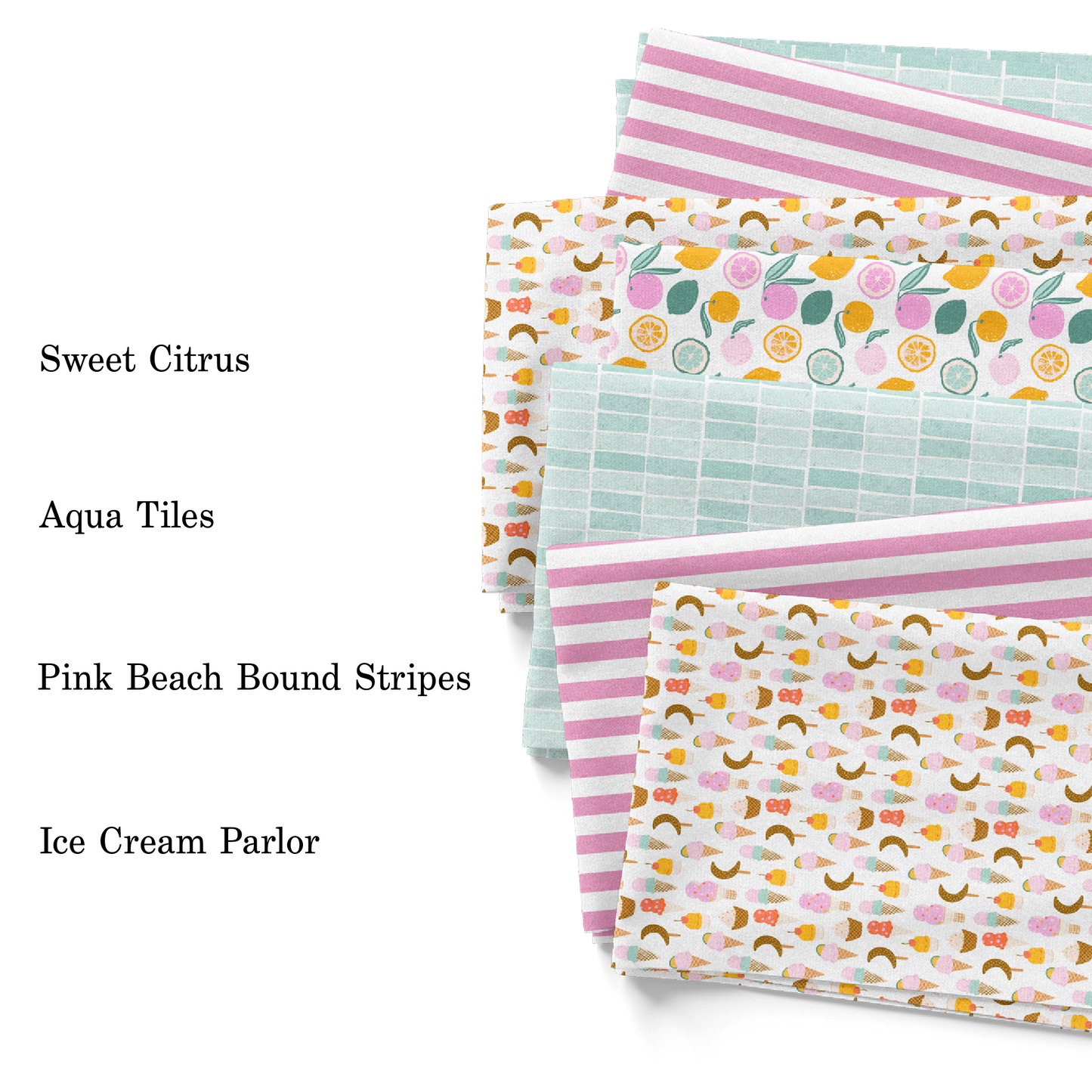 Indy Bloom Summer Collection - Fabric Swatches with stripes, fruit, and ice cream.