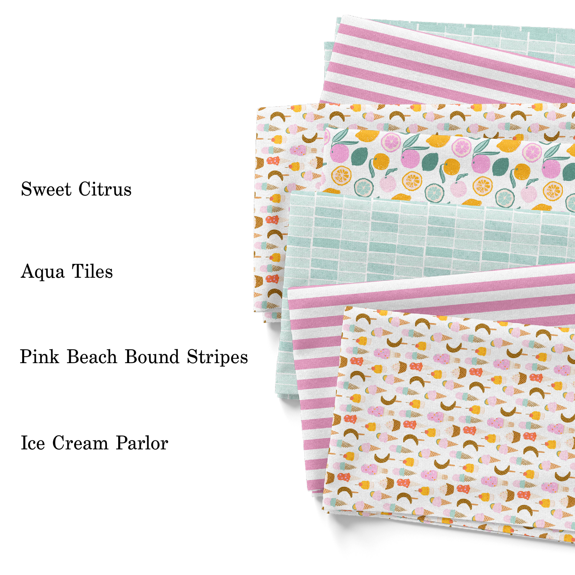 Indy Bloom Summer Collection - Fabric Swatches with stripes, fruit, and ice cream.