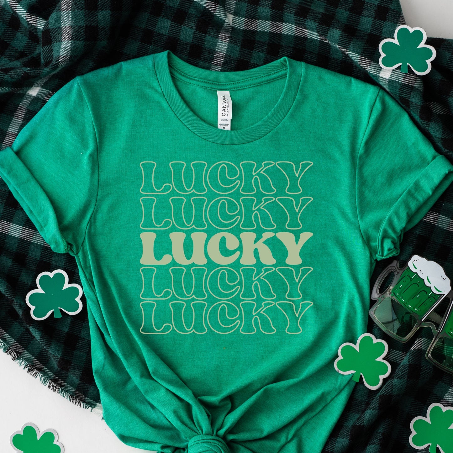 Green lucky wording repeated 5 times - Iron on Heat Transfer - DTF - Sublimation 