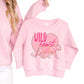 Pink Sweatshirt with a Pink Heart That Reads Wild Heart  and it has a Pink and yellow Leopard walking across the front of the heart - Valentine DTF Iron on Transfer - Sublimation Iron on Transfer