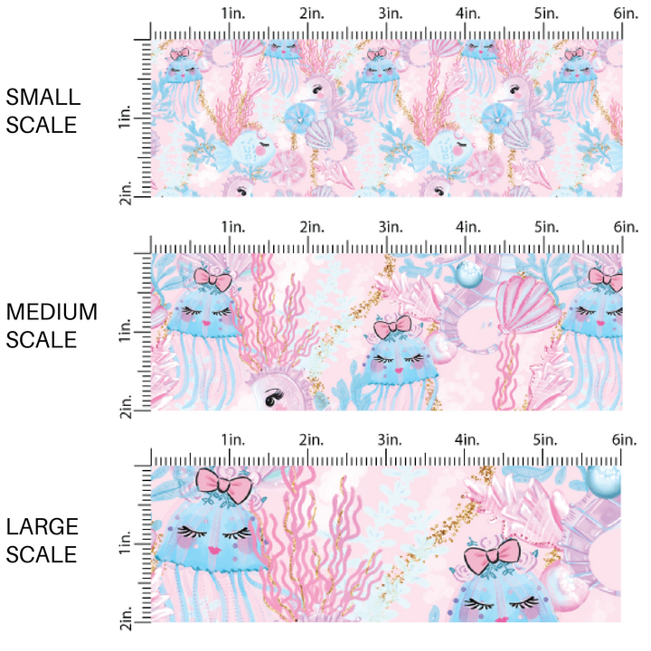 Pink watercolor fabric by the yard with animated jellyfish, seahorse, and coral reef fabric by the yard scaled image guide.