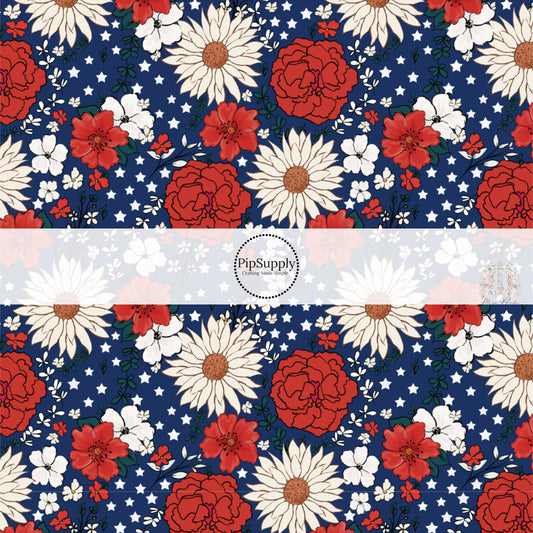 Navy blue fabric by the yard with cream and red colored flowers and white stars.