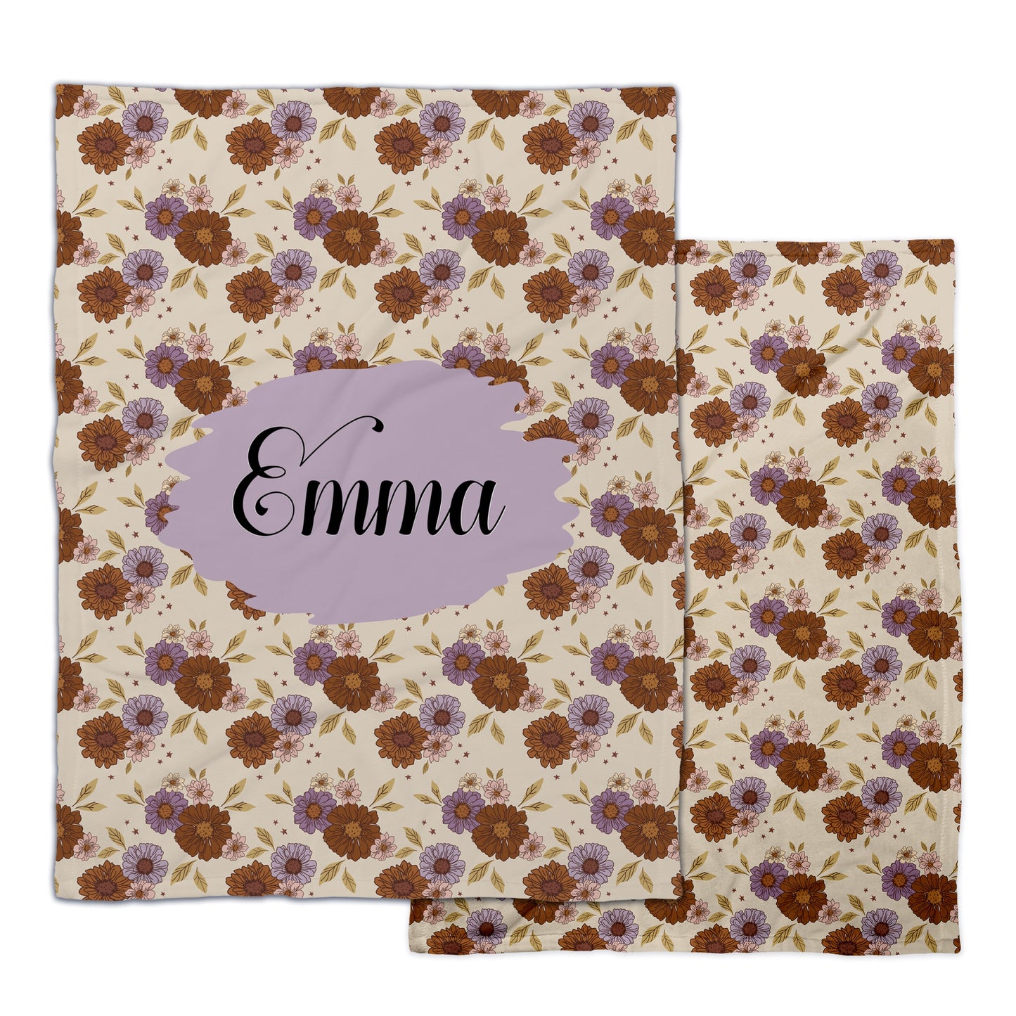 Juniper Row floral patterned fleece blankets with customizable name text.