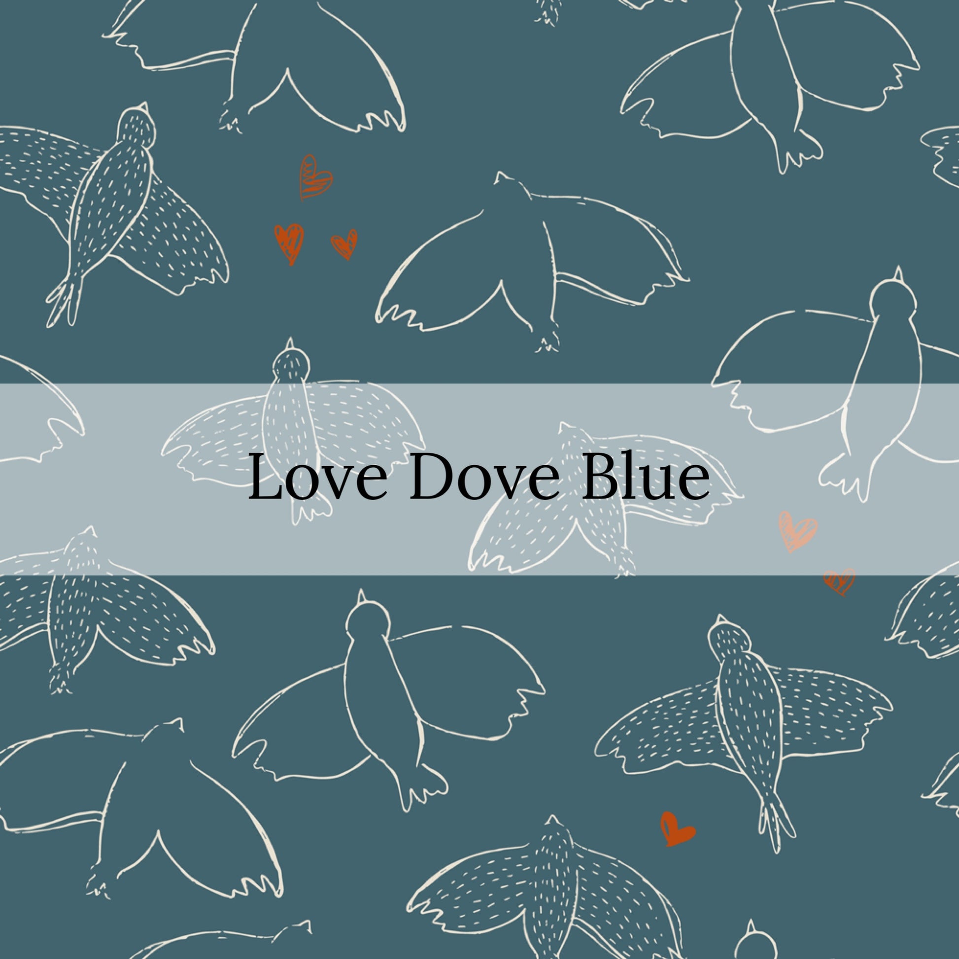 Blue illustration with white birds and red hearts