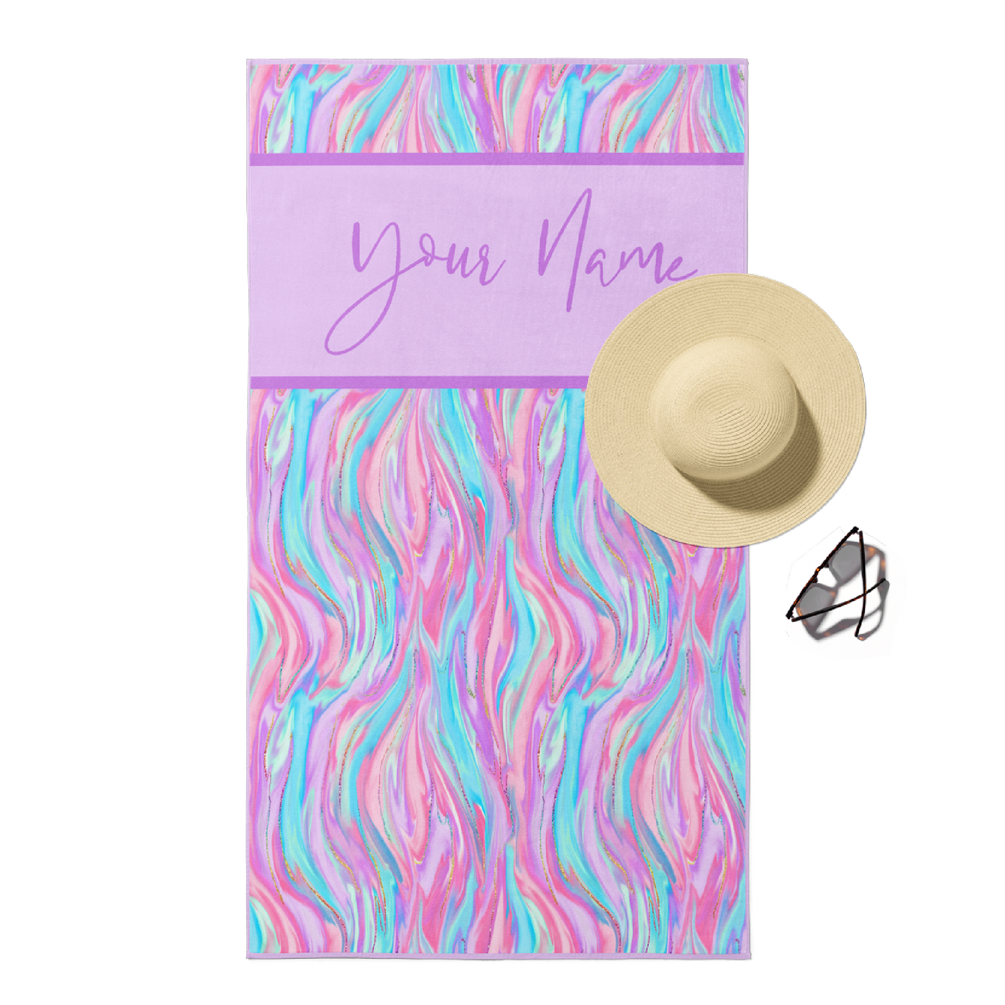 Beach towel in blue, Pink, and purple tie dye swirl with customizable purple text.