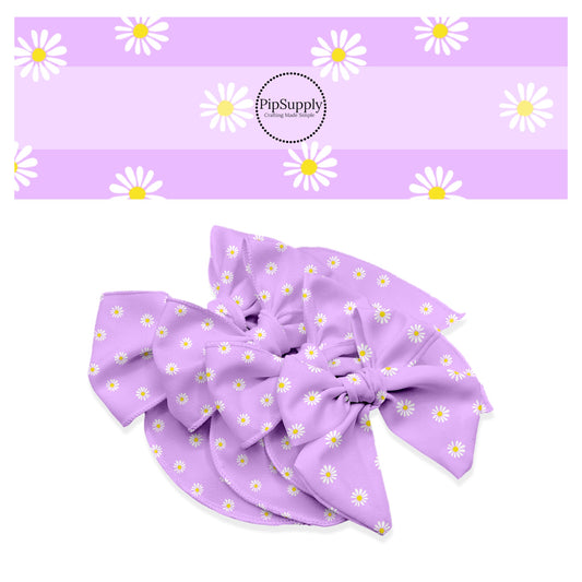 Light Purple No Sew Bow Strips - Bow Making Material - Lilac Bows with White Daises Throughout. Spring Bows - Easter Bows