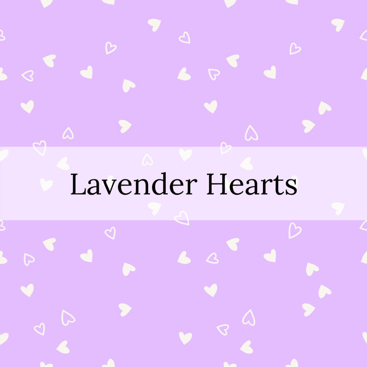 Purple Pattern with White hearts with the word "Lavender Hearts"