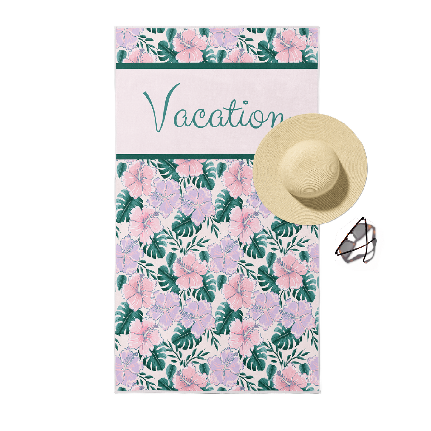 Beach towel in light pink and lavender floral print with green customizable text.