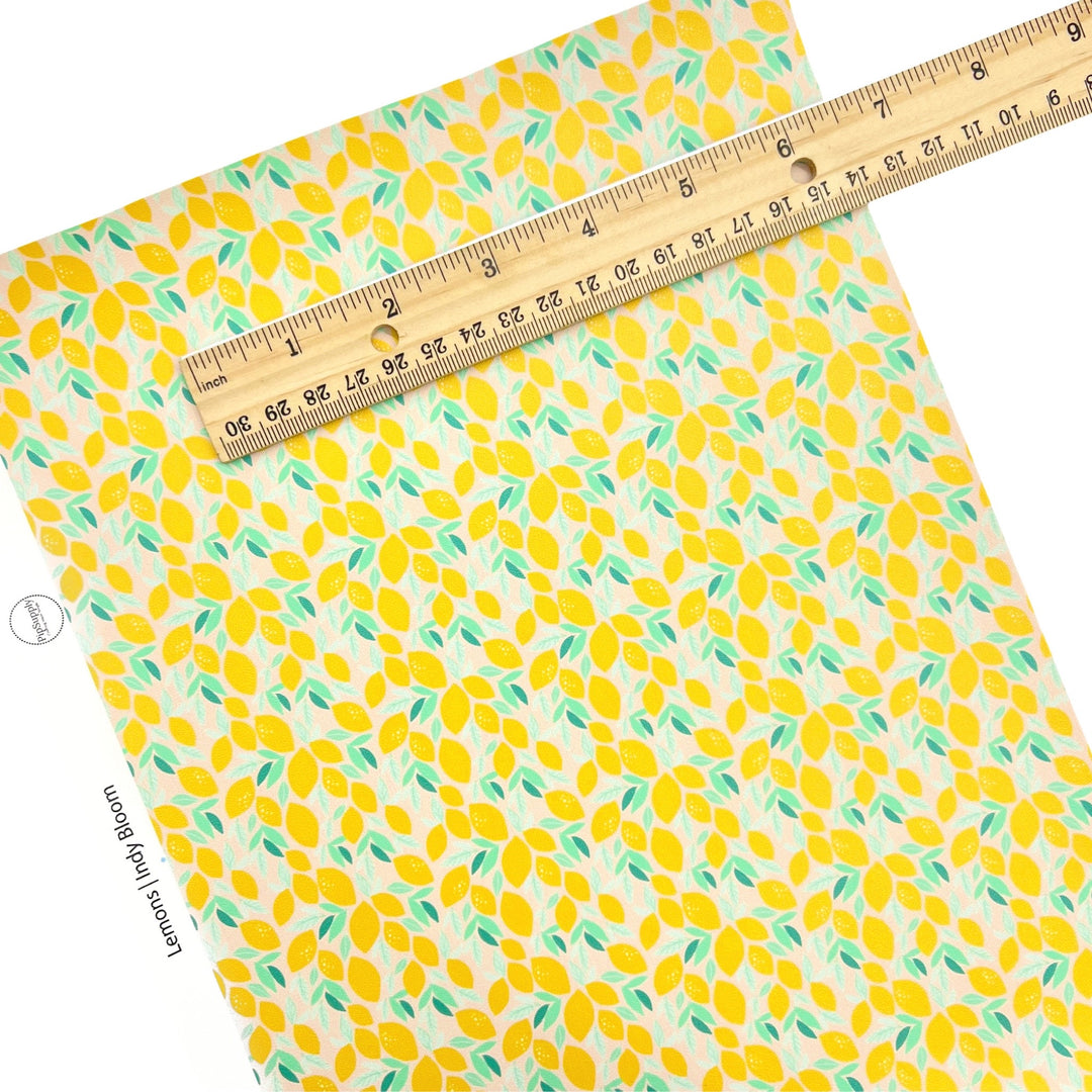 Lemon patterned with greenery faux leather sheet.