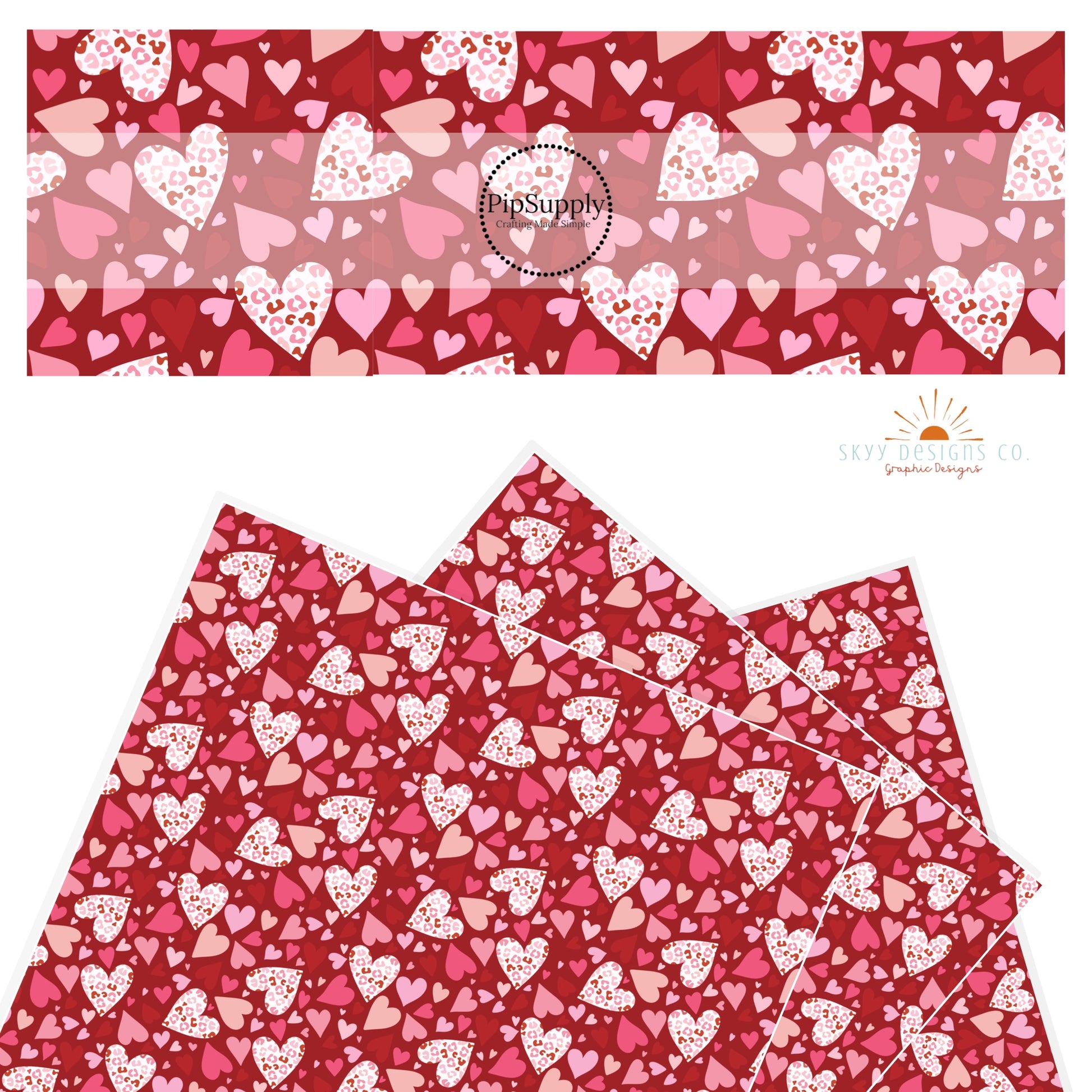 Big leopard print hearts with tiny hearts on red faux leather sheets