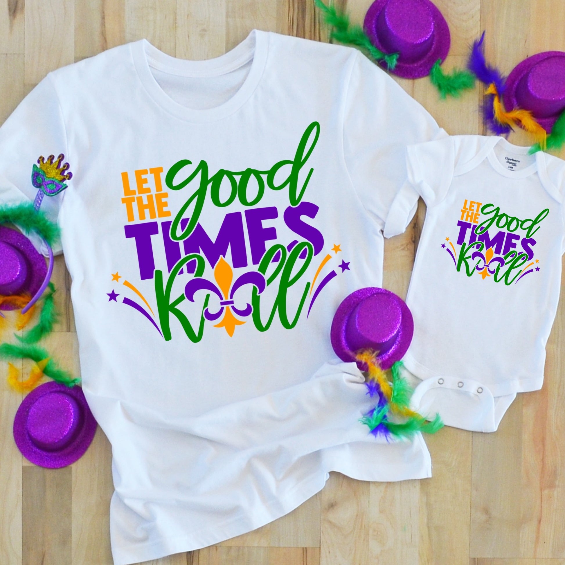 "Let The Good Times Roll" green, gold, and purple Mardi Gras iron on transfer