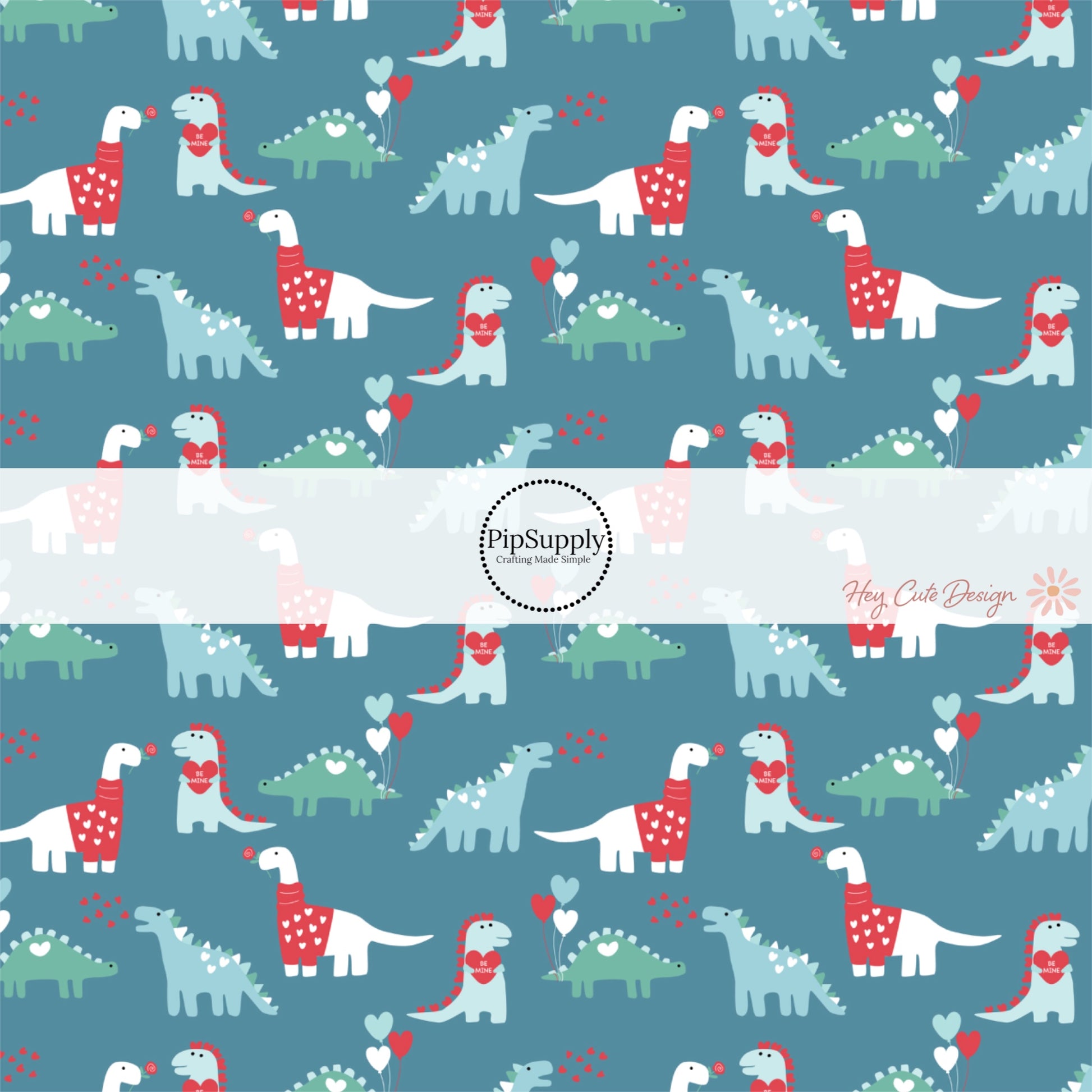 Bright Blue fabric by the yard with dinosaurs and heart balloons - Valentines Day Fabric 