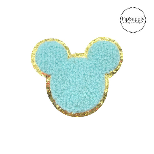 Blue Mouse head silhouette chenille iron on patch