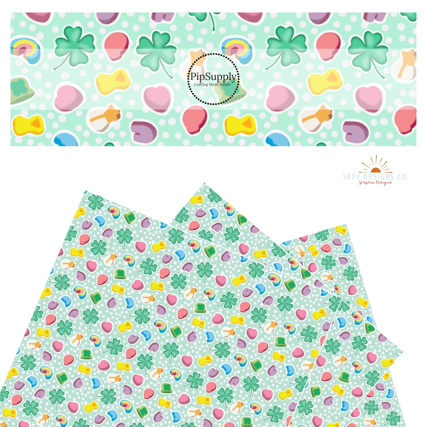 Green clovers, rainbows, pink hearts, shooting stars, and balloon marshmallows on a green polka dot faux leather sheet