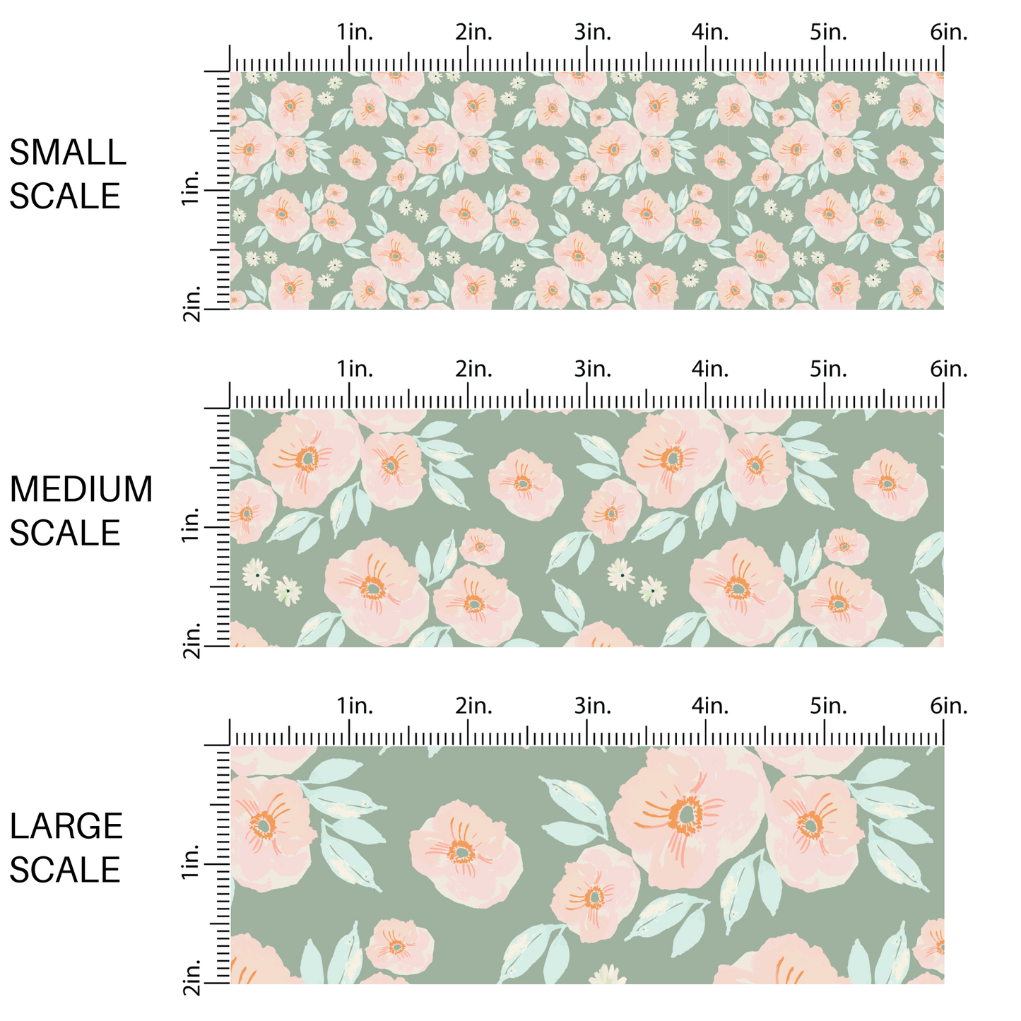 Light peach and cream flowers on sage green fabric by the yard scaled image guide.