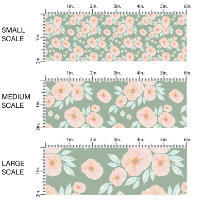 Light peach and cream flowers on sage green fabric by the yard scaled image guide.