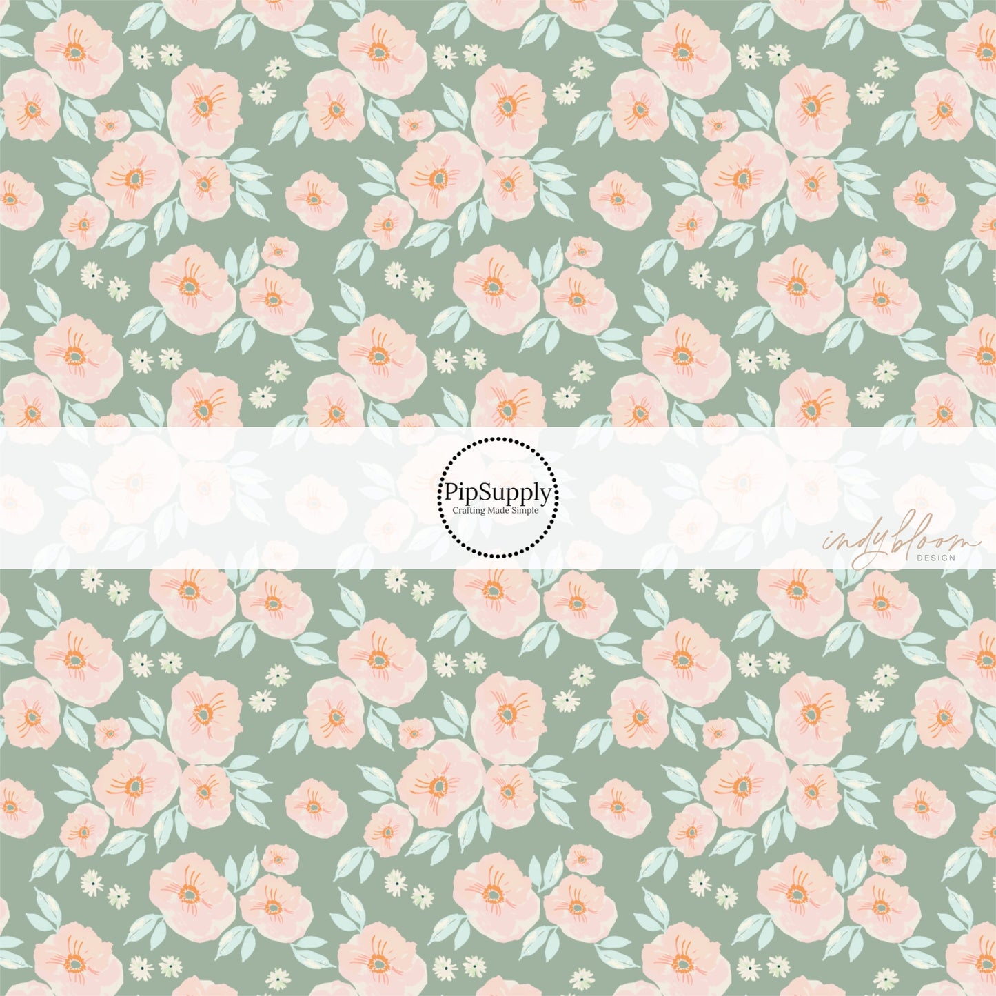 Light peach and cream flowers on sage green fabric by the yard.