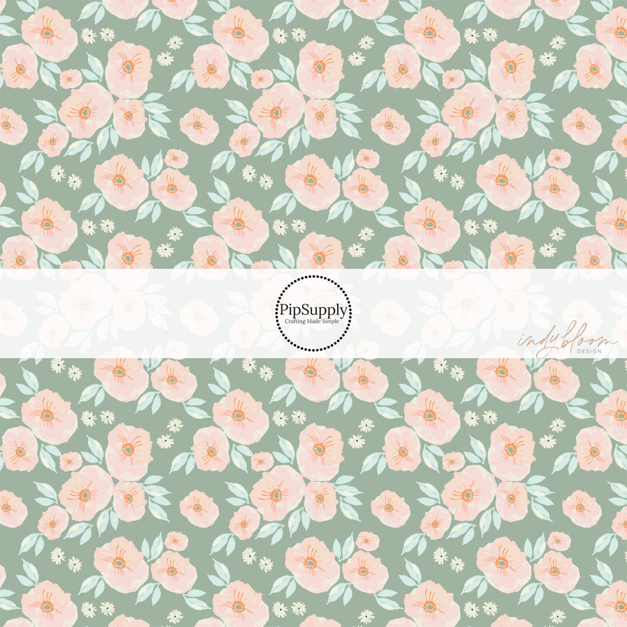 Light peach and cream flowers on sage green fabric by the yard.