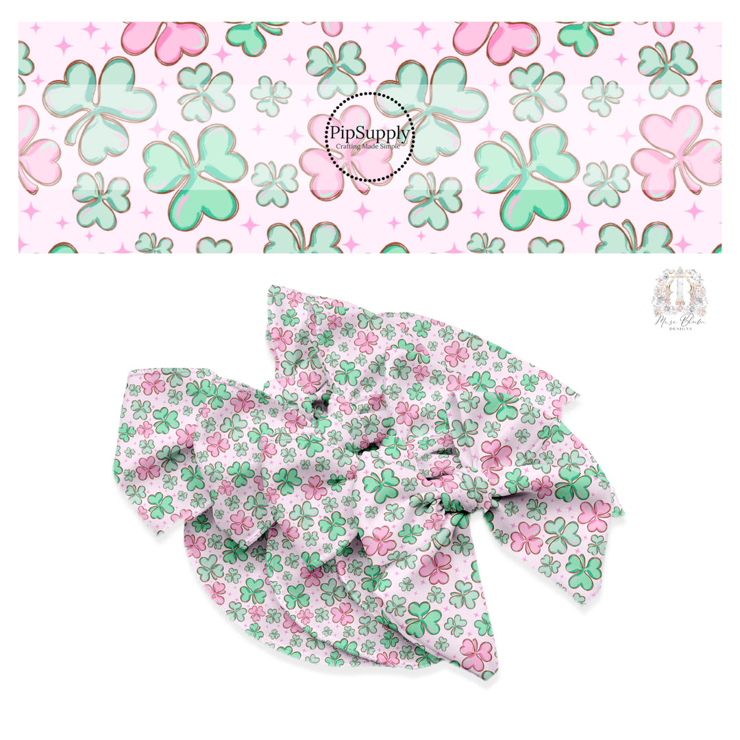 Green and pink clovers with pink stars on pink bow strips