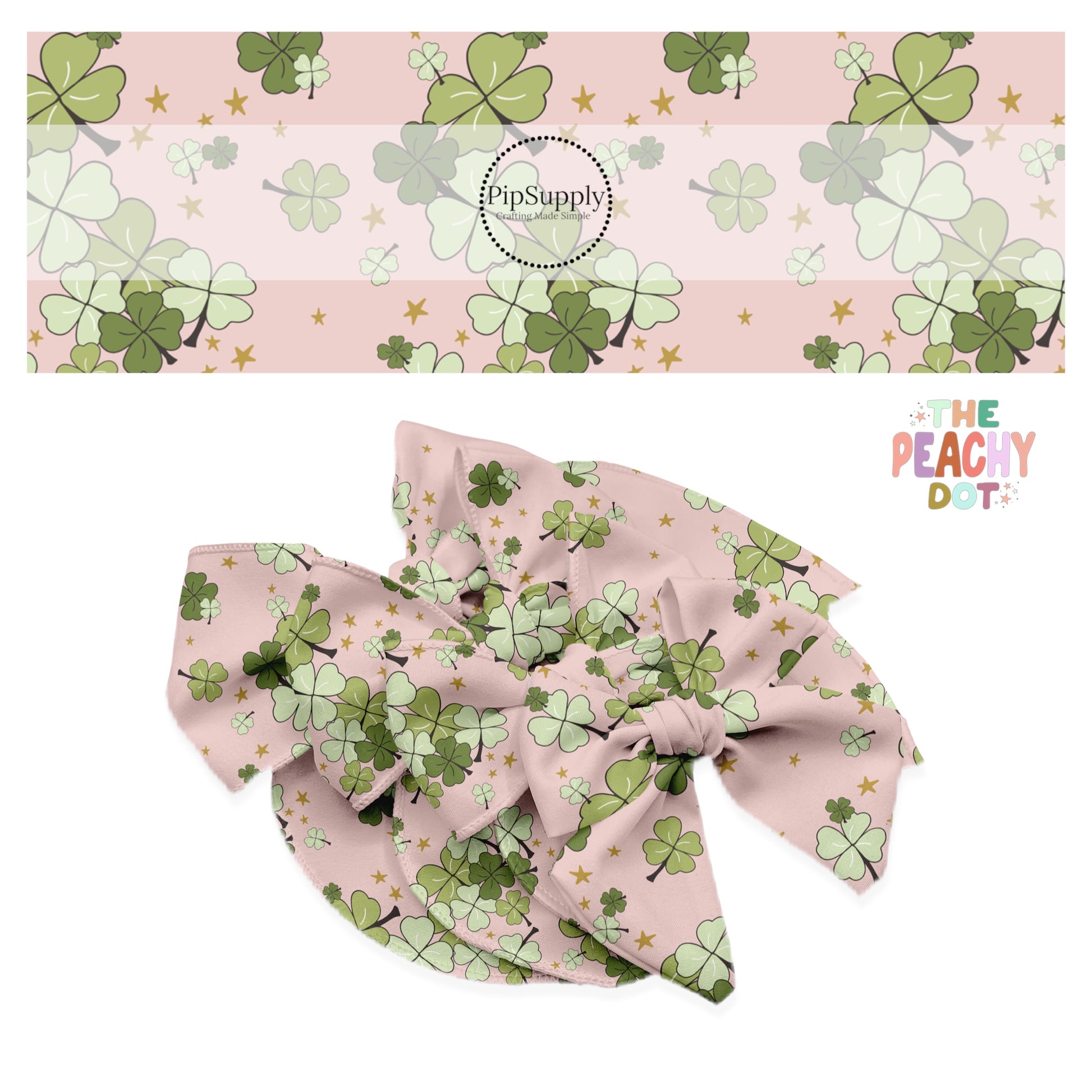 4 leaf clovers that are different shades of green with gold stars on a light pink bow strip
