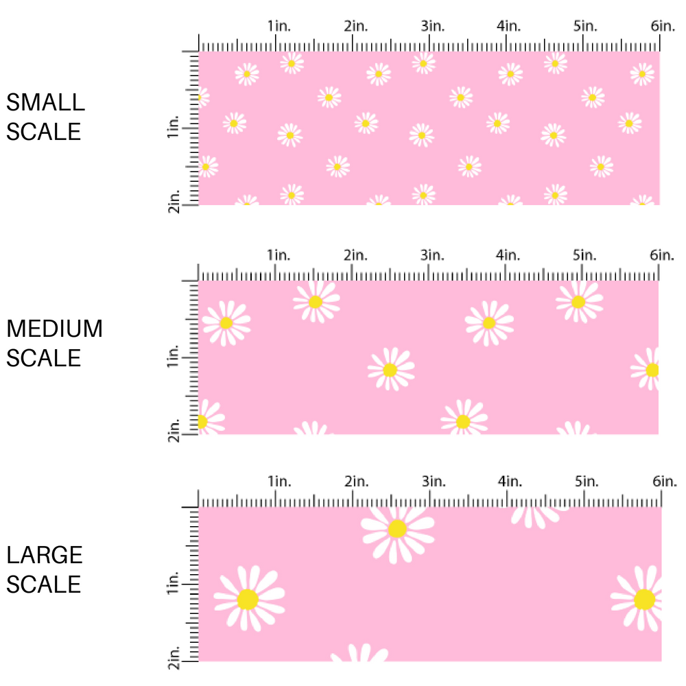 Bubble Pink Fabric by the Yard Scaled Image Guide with a White Daisy Print and yellow centers. Spring Fabric - Floral Easter Fabric.