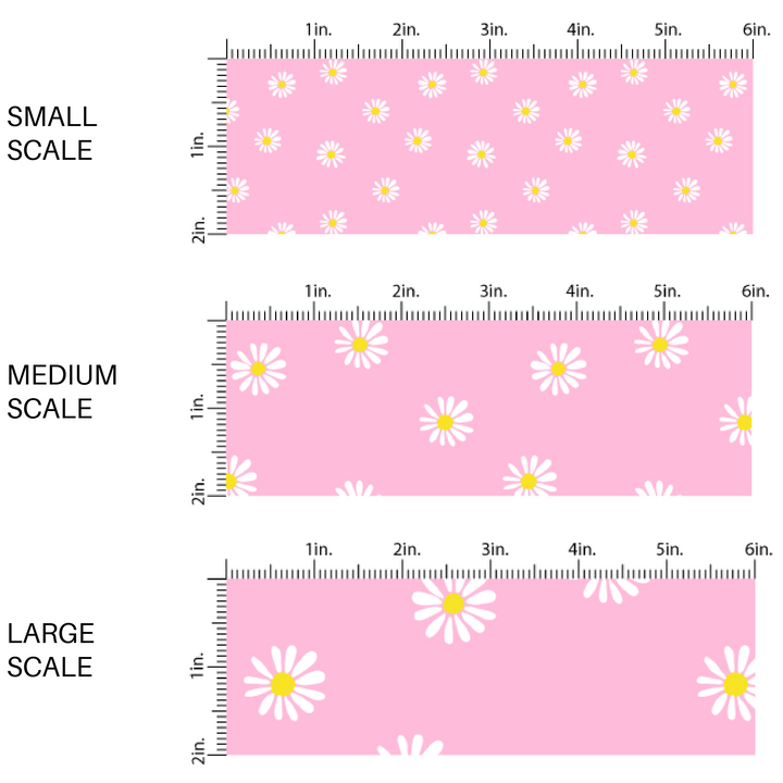 Bubble Pink Fabric by the Yard Scaled Image Guide with a White Daisy Print and yellow centers. Spring Fabric - Floral Easter Fabric.