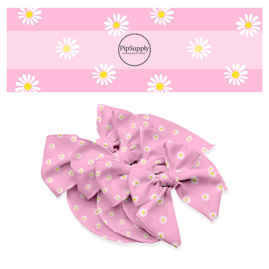 Bubble Pink No Sew Bow Strips - Bow Making Material - Pink Bows with White Daises Throughout. Spring Bows - Easter Bows