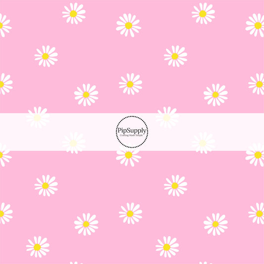 Bubble Pink Fabric by the Yard with a White Daisy Print and yellow centers. Spring Fabric - Floral Easter Fabric.