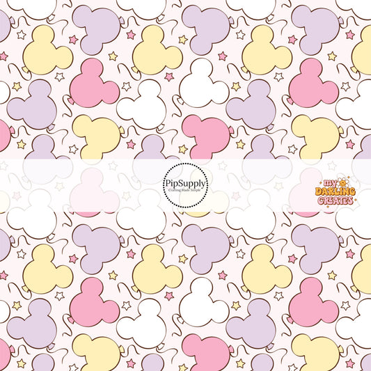 Light pink fabric by the yard with pastel purple, pink, and yellow mouse balloons.