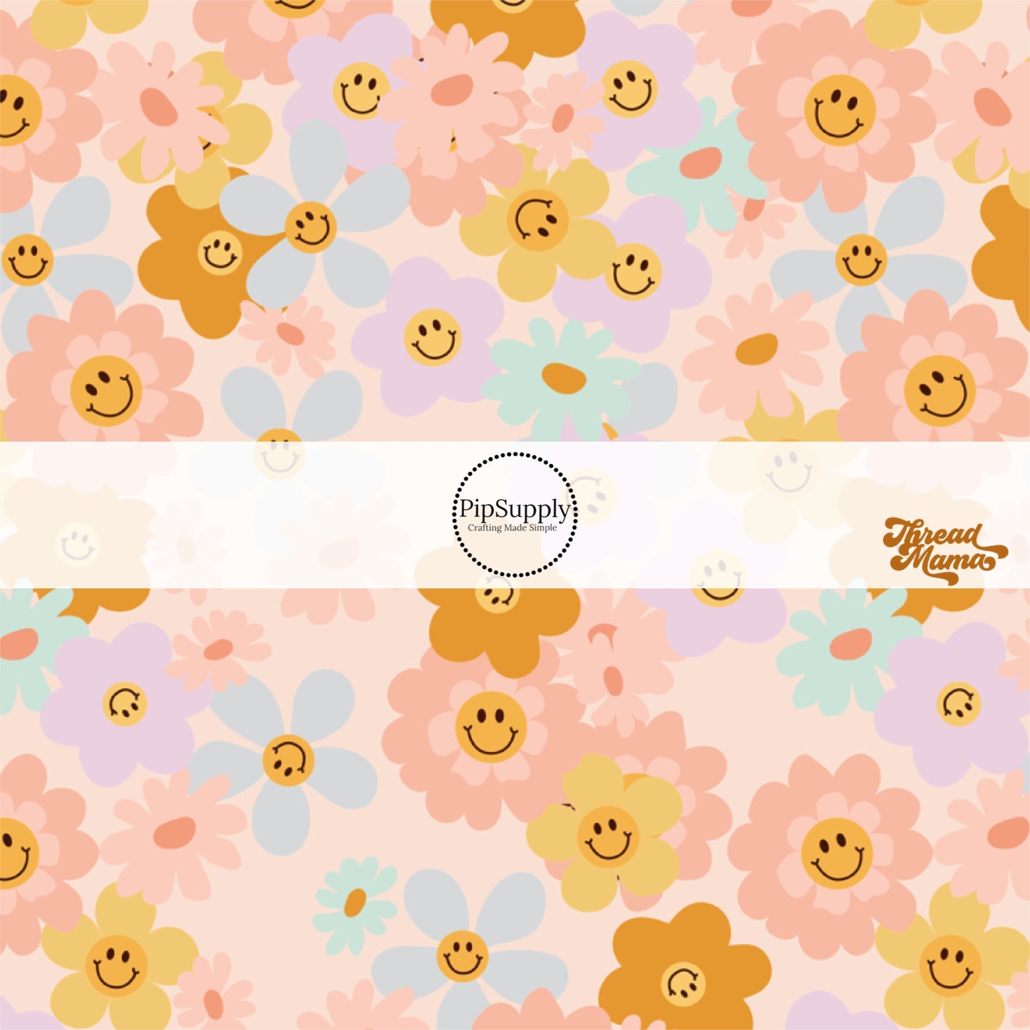 Light pink/peach fabric by the yard with smiley face daisies