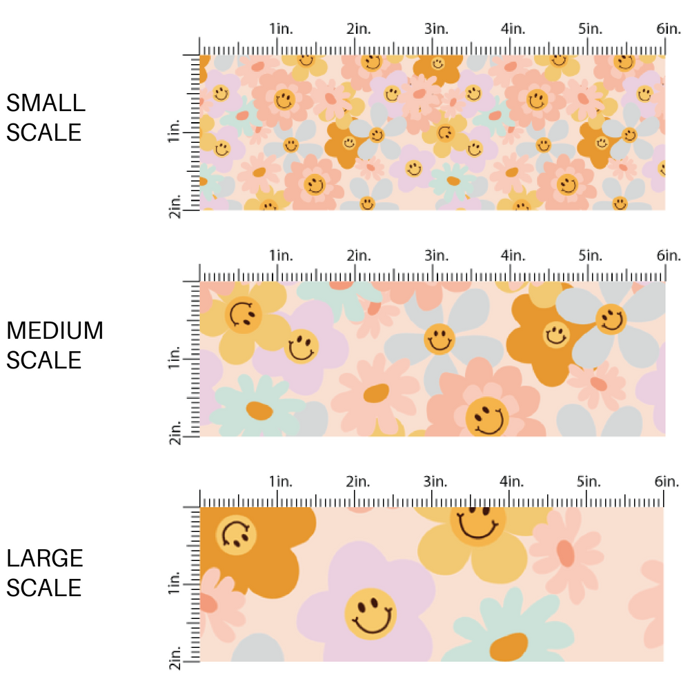 Light pink/peach fabric by the yard scaled image guide with smiley face daisies