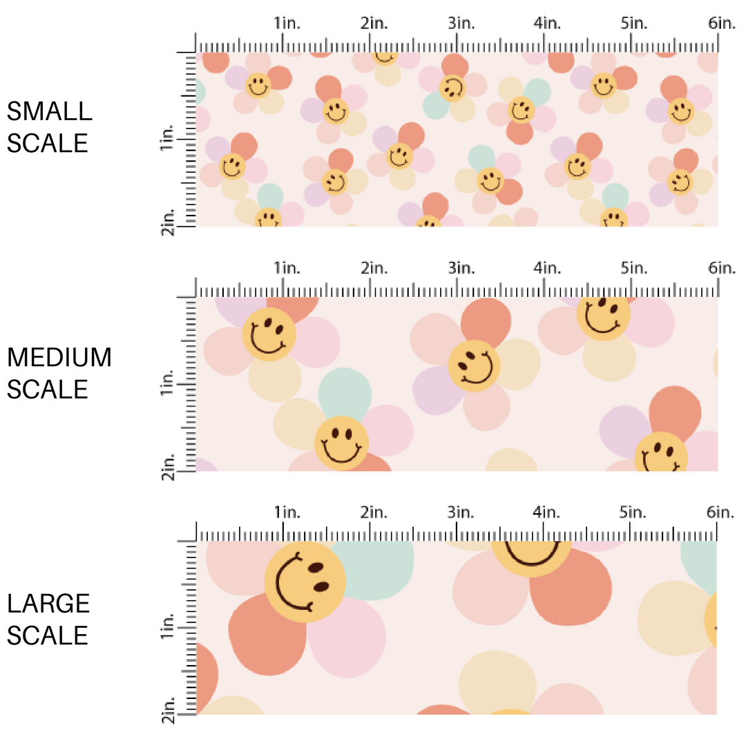 Light pink fabric by the yard scaled image guide with rainbow daisies and yellow smiley faces - Thread Mama 