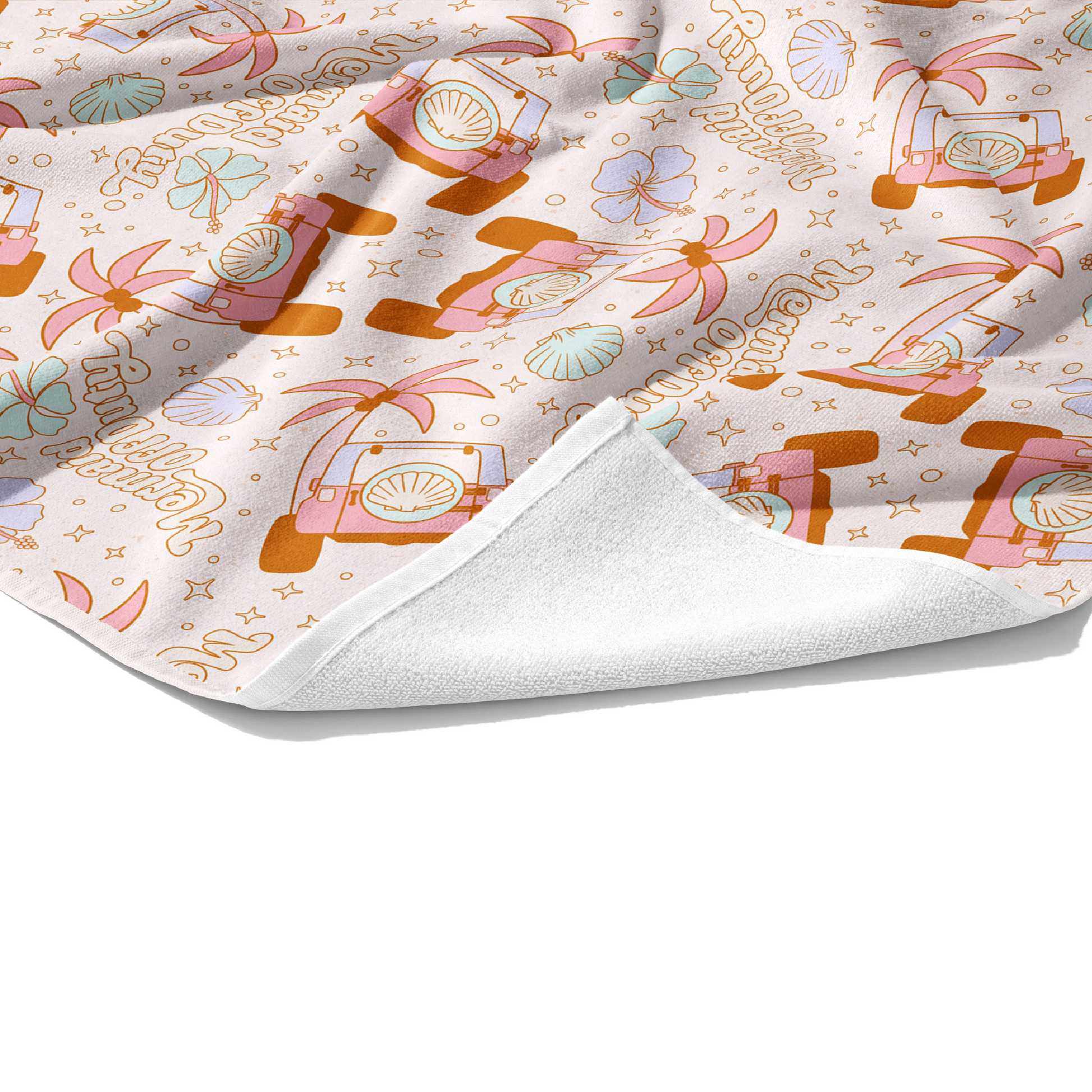 Plush white customizable cotton towel with light pink palm tree and off road vehicle print on the front.