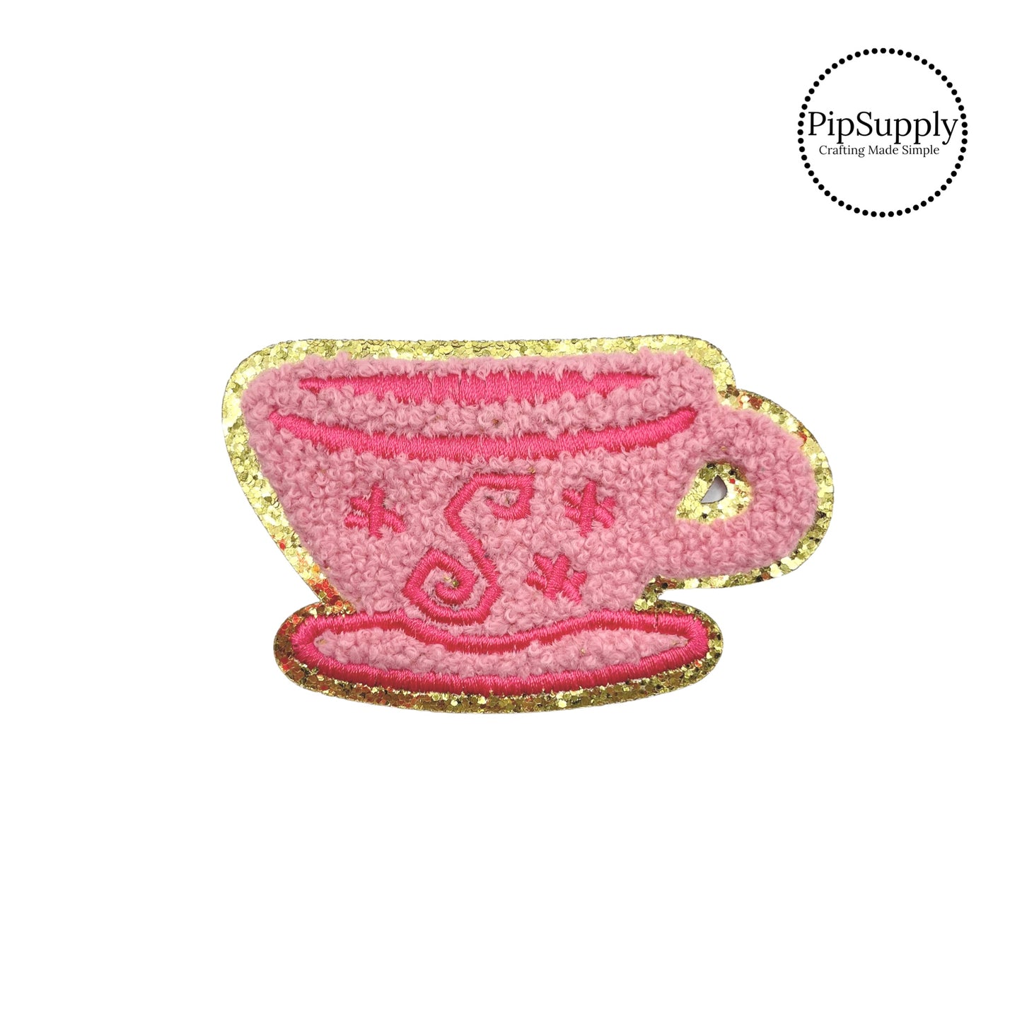 Light pink iron on chenille patch with hot pink stitching and gold backing. Tea Cup.