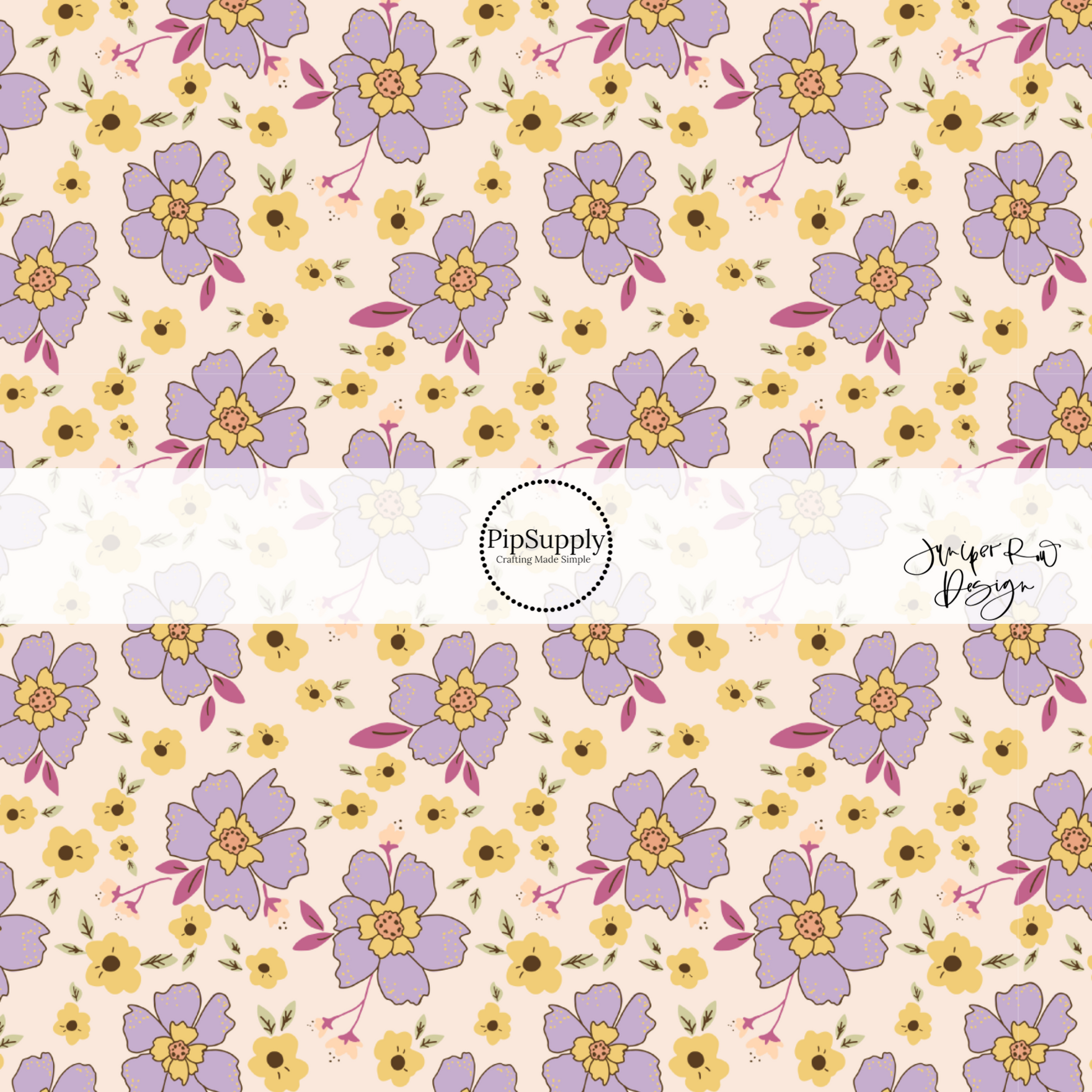 Cream/ Light Pink Fabric by the yard with purple flowers and yellow flowers fabric by the yard - Easter Spring Floral Fabric 