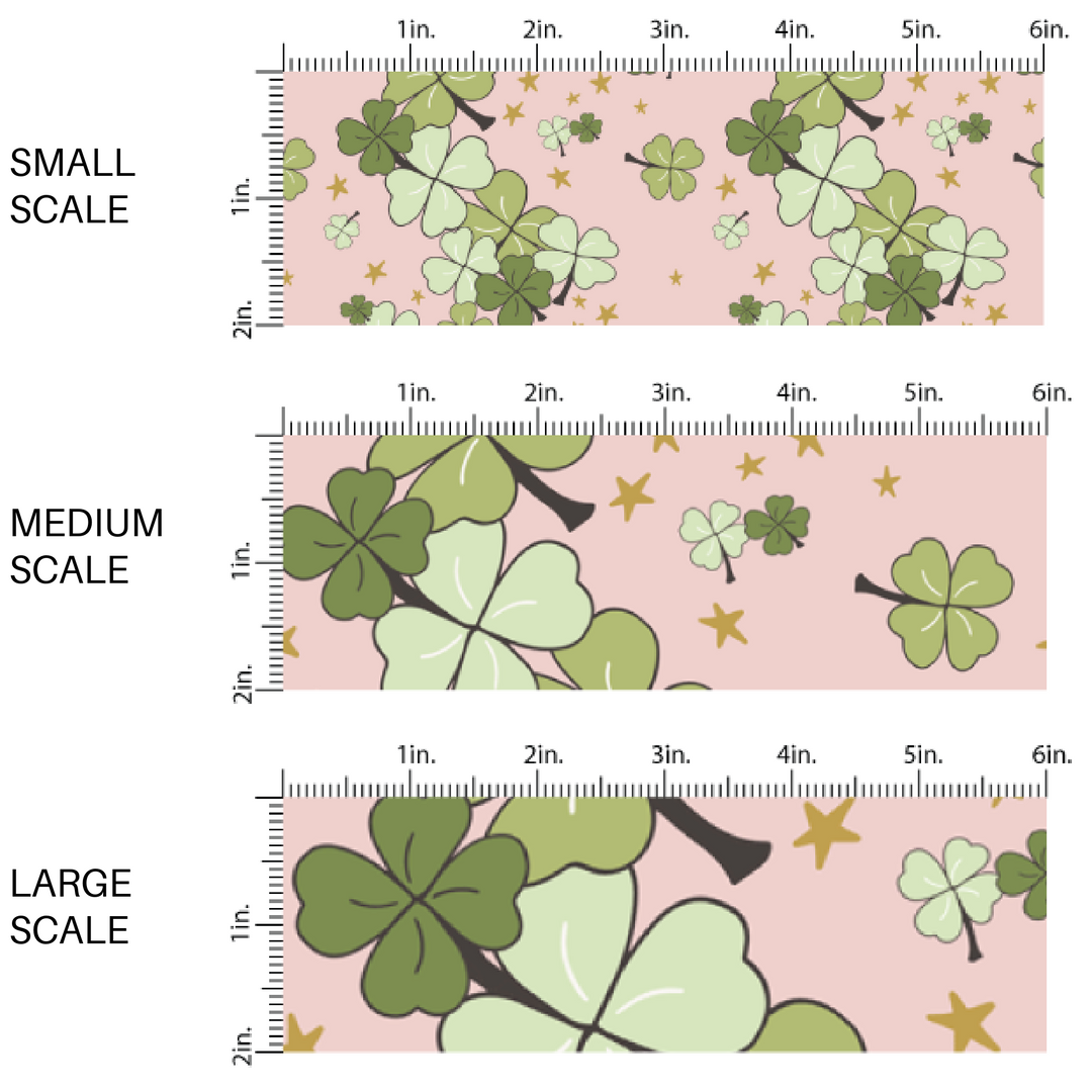 St. Patrick's Day clovers and gold stars on a light pink fabric by the yard scaled image guide