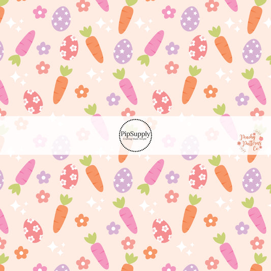 Peach/Pink fabric by the yard with pink and purple Easter eggs and orange and pink carrots - Spring Fabric - Easter Fabric 