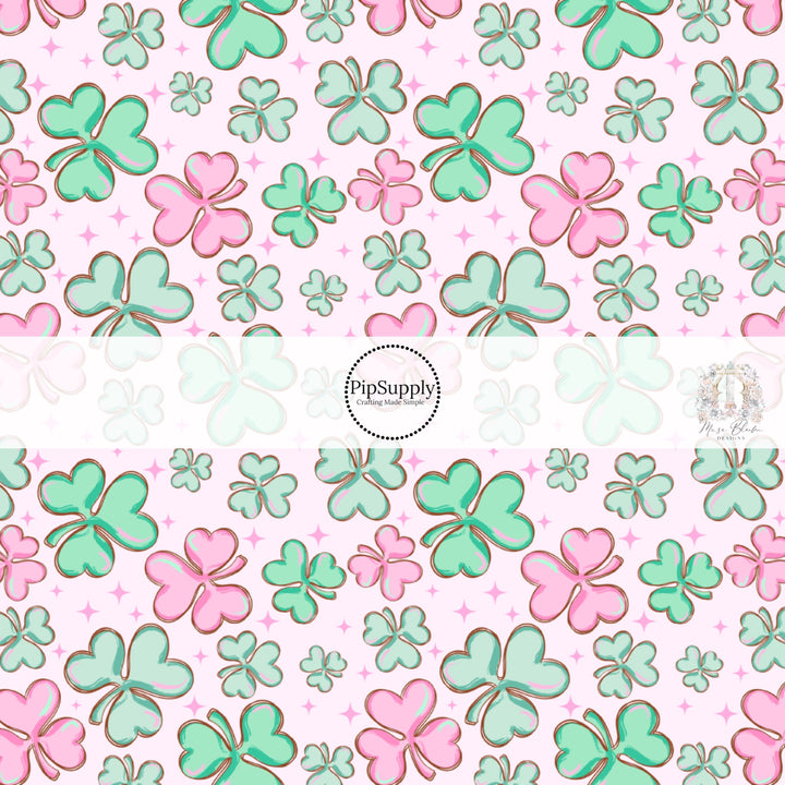 Green and Pink clovers with pink stars on light pink fabric by the yard - St. Patrick's Day Fabric - Shamrocks