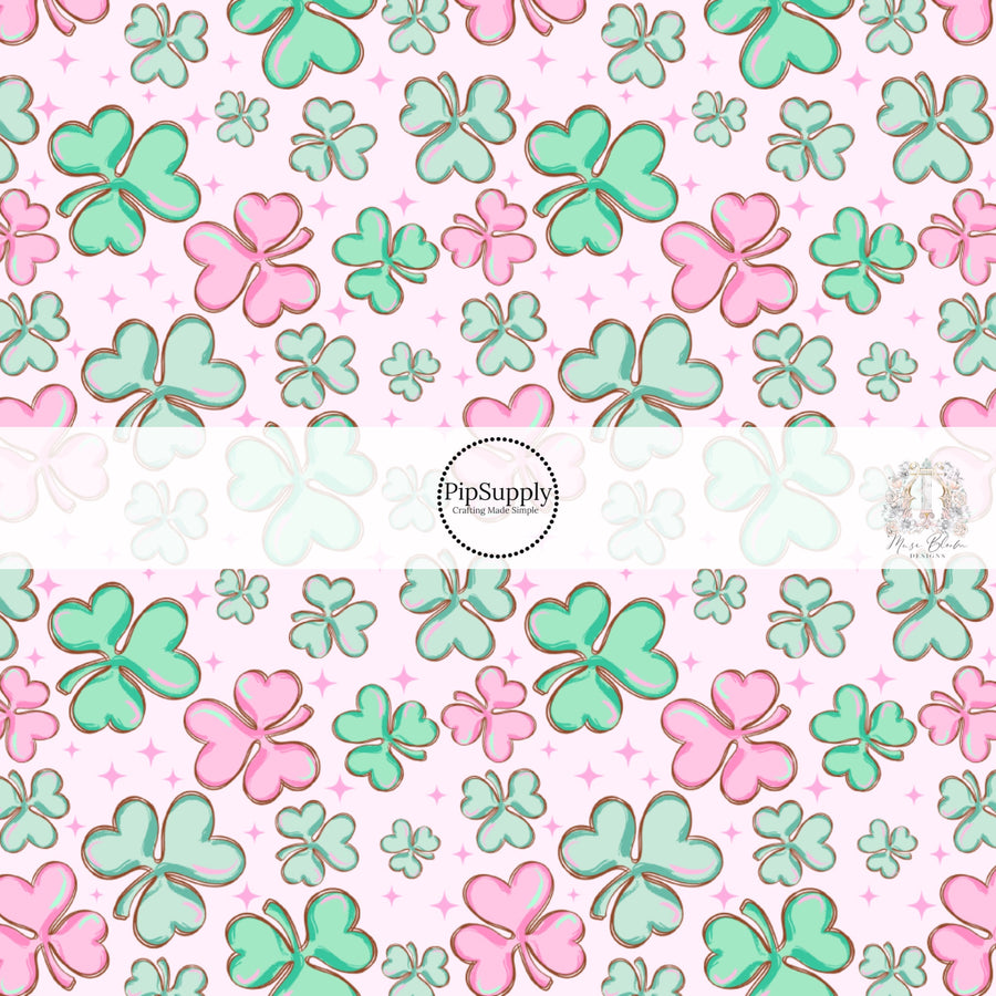 Green and Pink clovers with pink stars on light pink fabric by the yard - St. Patrick's Day Fabric - Shamrocks